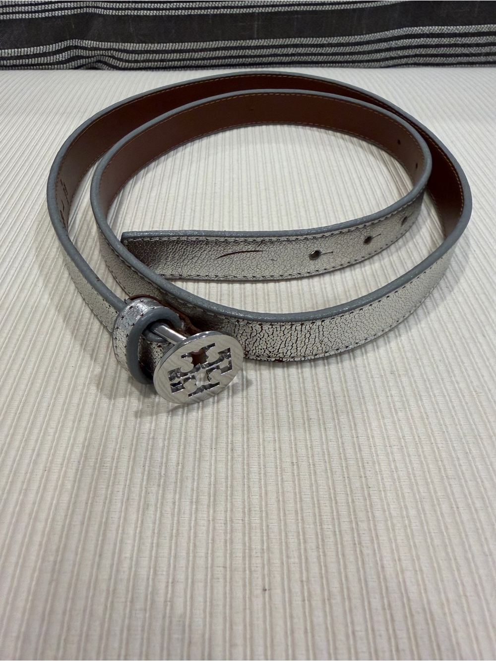 Tory Burch Silver Metallic Leather Logo Buckle Belt